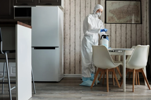 Professional performing pest control spray inside an apartment