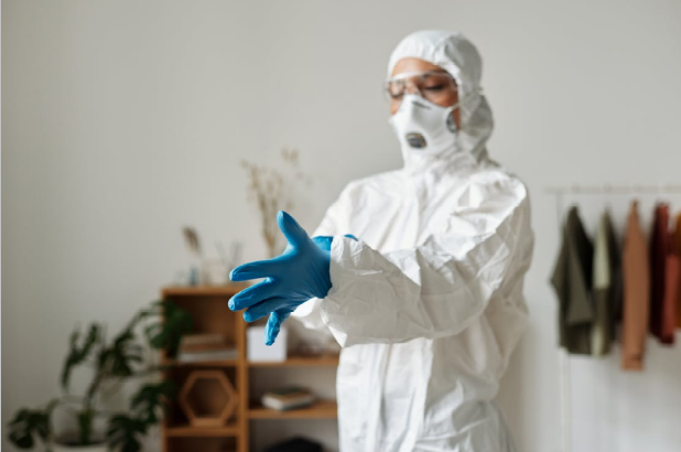 A pest exterminator pulling on latex gloves.