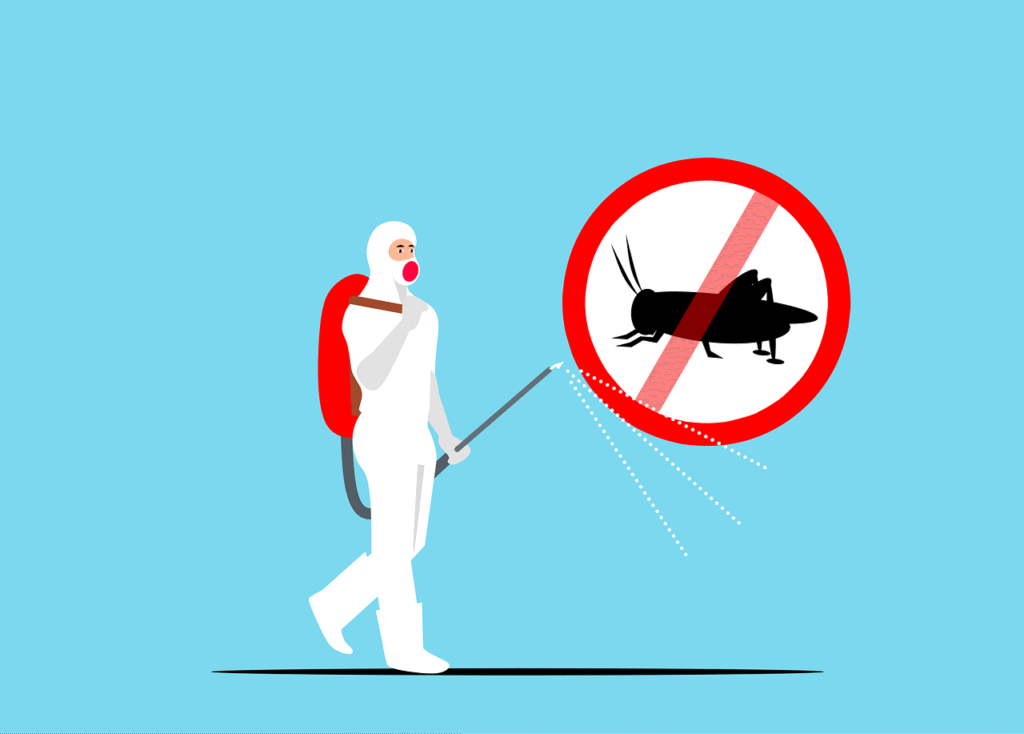 Illustration of an exterminator in white suit spraying pesticide, with a crossed out silhouette of a cockroach.