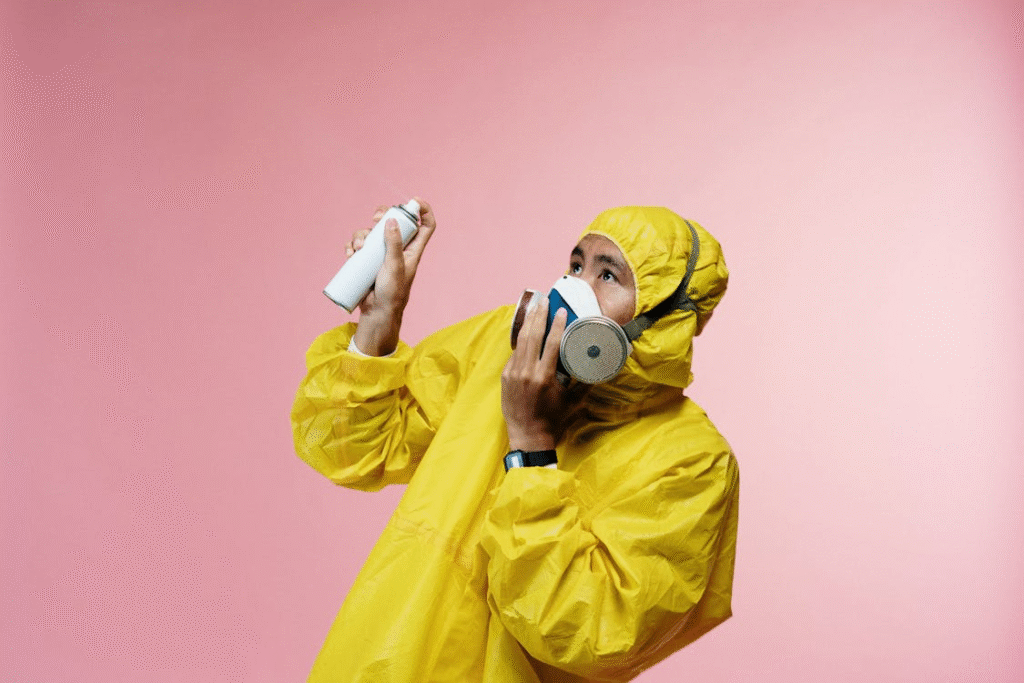 Image of a person in yellow suit poised to spray.