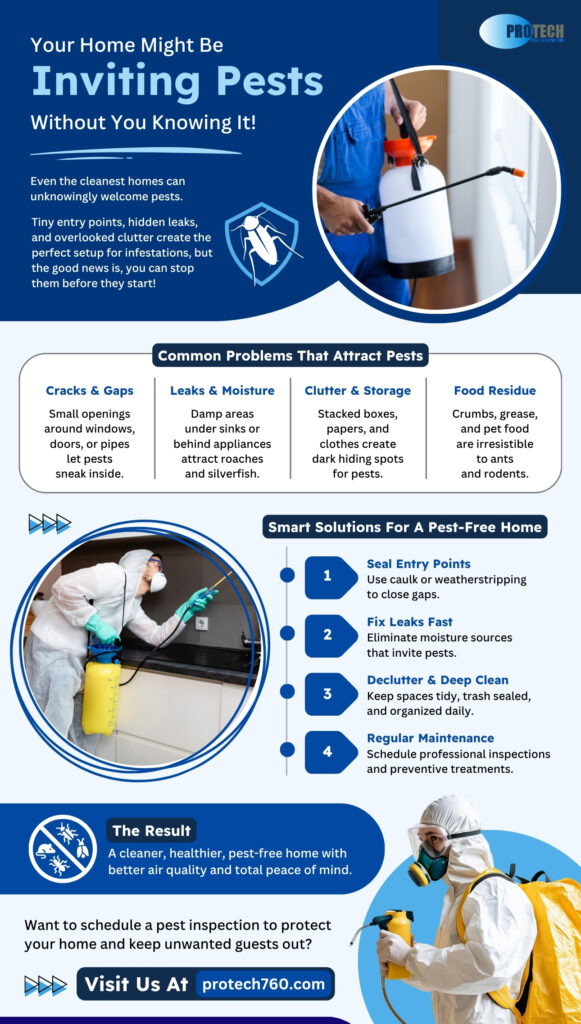 Infographic showing how common household problems attract pests and simple pest prevention tips such as sealing cracks, fixing leaks, decluttering, and scheduling regular pest control inspections for a cleaner, safer home.
